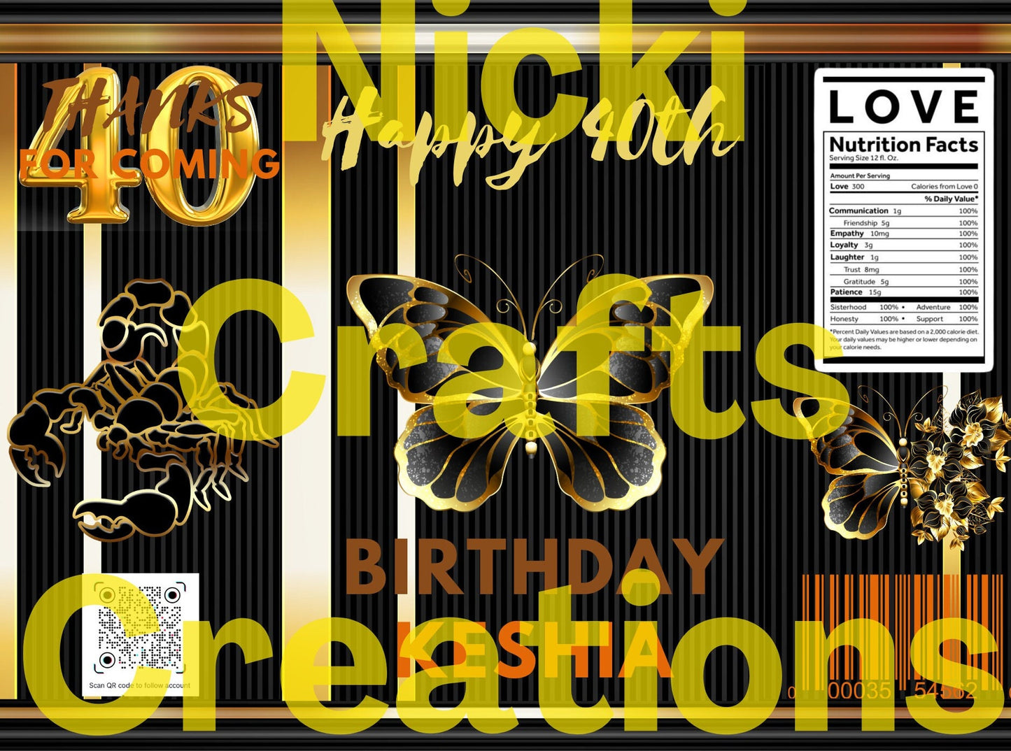 Happy 40th Birthday Chip Bag (Gold,Black&butterflies)
